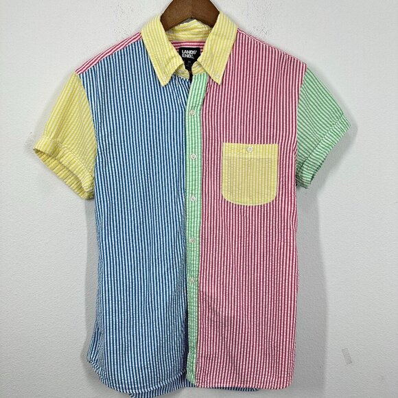 Lands' End Men's Medium Camp Shirt Colorblock Seersucker Summer Vibrant Beach - Picture 1 of 6